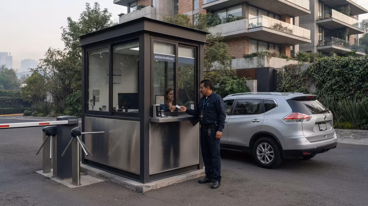 Guardia de seguridad en caseta de vigilancia controlando el acceso vehicular a un residencial