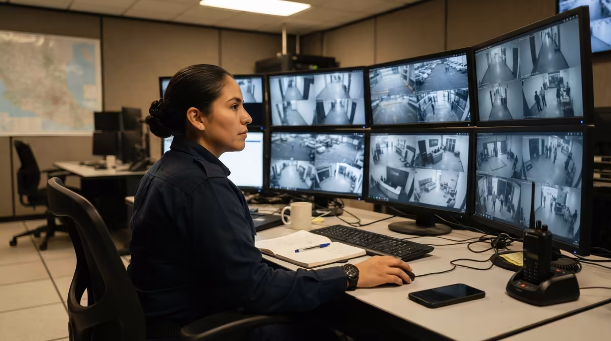 Operadora de seguridad privada supervisando cámaras CCTV en un centro de monitoreo