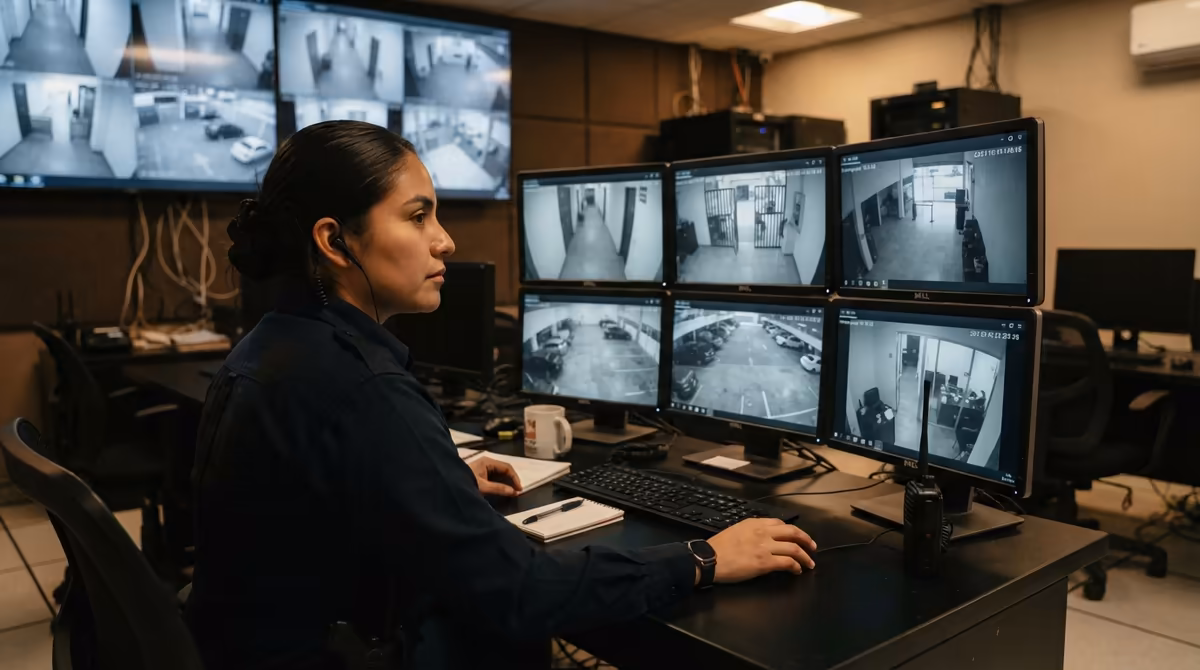 Operadora de seguridad privada supervisando cámaras CCTV en un centro de monitoreo