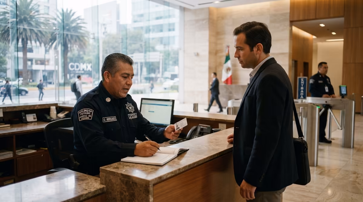 Guardia de seguridad privada registrando a un visitante en la recepción de un corporativo en la Ciudad de México