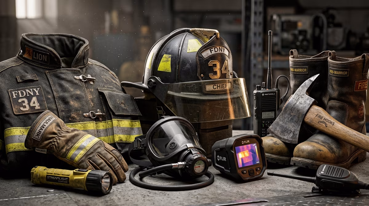 Equipo de protección personal para bombero: traje estructural, casco, equipo autónomo SCBA y herramientas