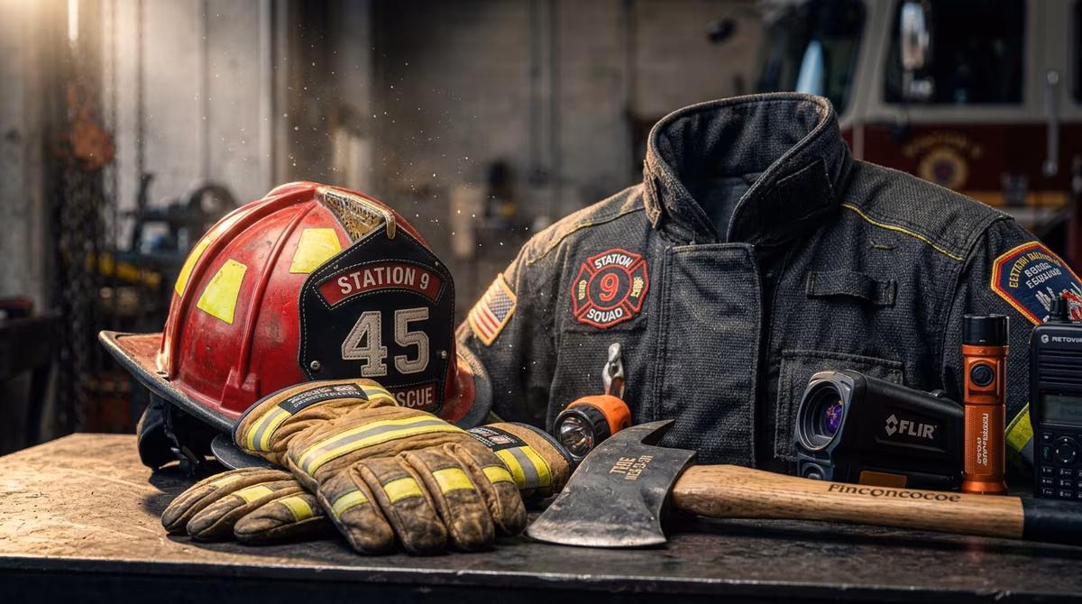 Equipo de protección personal para bombero: traje estructural, casco, equipo autónomo SCBA y herramientas