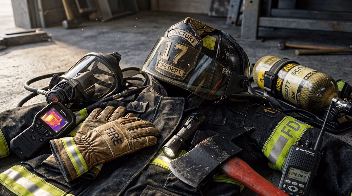Equipo de protección personal para bombero: traje estructural, casco, equipo autónomo SCBA y herramientas