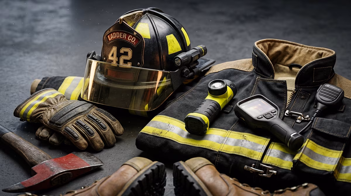Equipo profesional de bombero con máscara MSA, equipo autónomo y botas estructurales