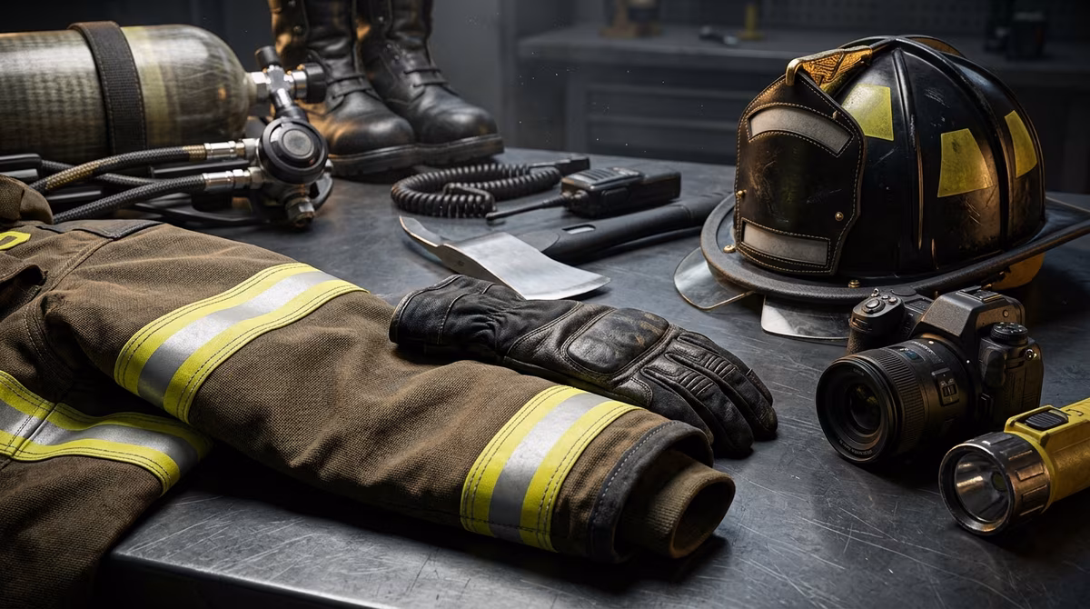 Equipo profesional de bombero con máscara MSA, equipo autónomo y botas estructurales
