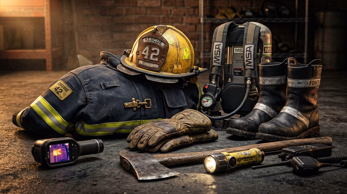 Equipo profesional de bombero con máscara MSA, equipo autónomo y botas estructurales