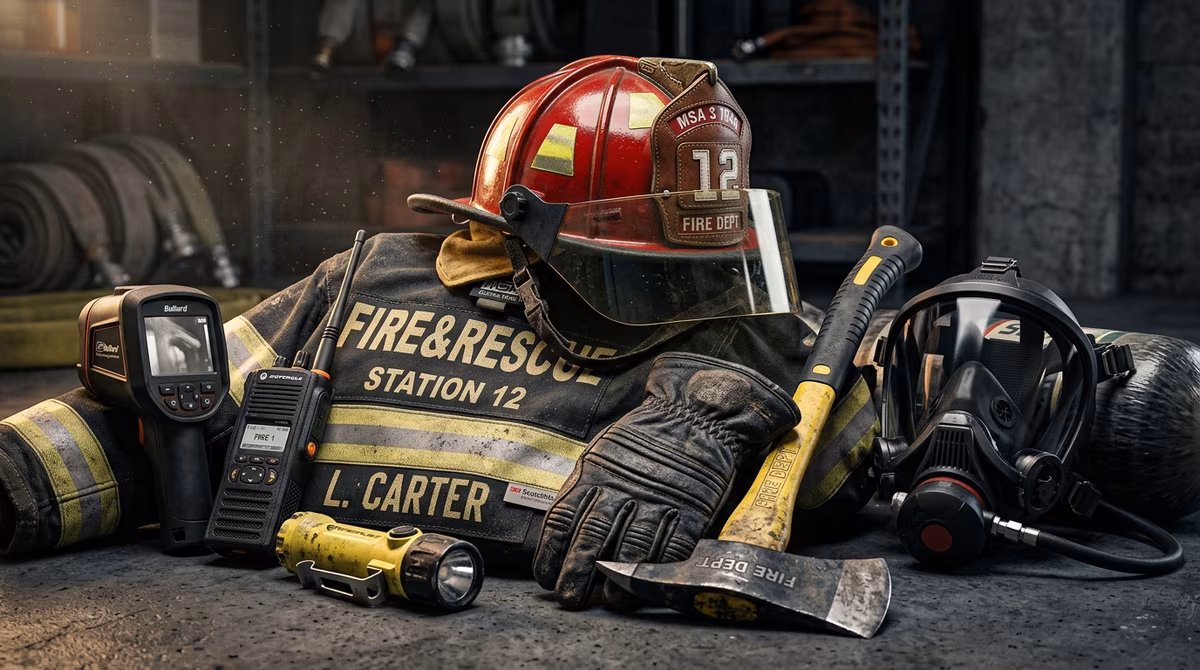 Equipo profesional de bombero con máscara MSA, equipo autónomo y botas estructurales