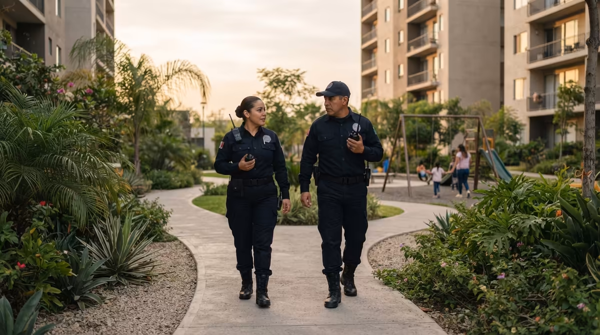 Pareja de guardias de seguridad privada patrullando las áreas comunes de un condominio residencial