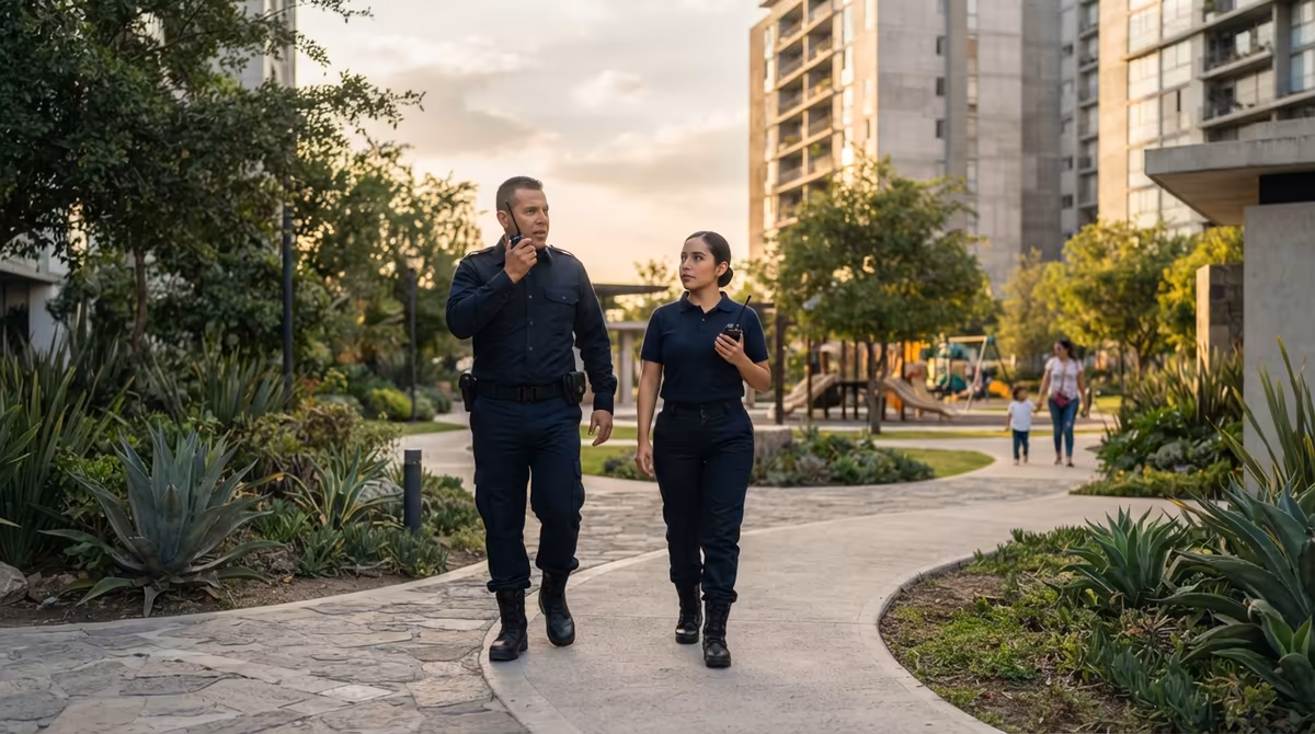 Pareja de guardias de seguridad privada patrullando las áreas comunes de un condominio residencial