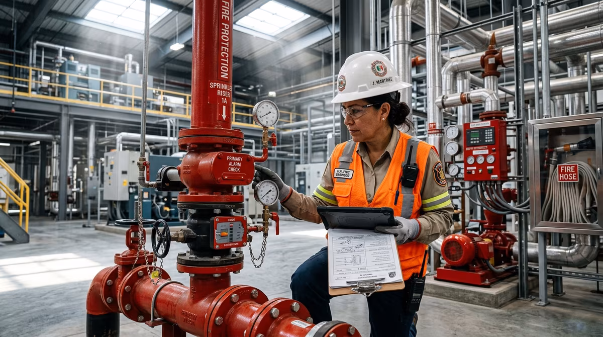 Técnico inspeccionando un sistema fijo contra incendio en una instalación industrial