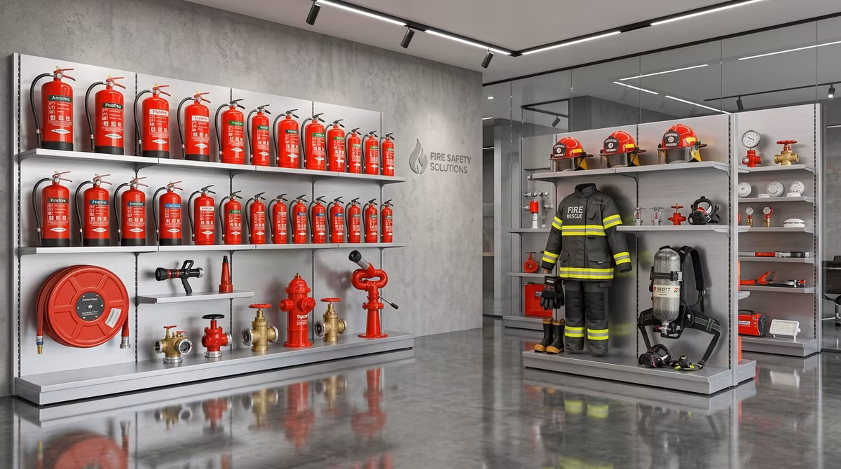 Showroom con extintores de distintos agentes y equipo de protección contra incendio